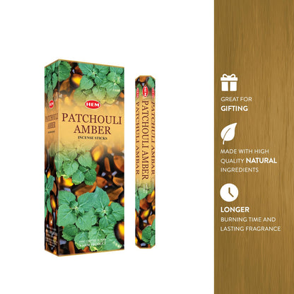Patchouli Amber - Box of Six 20 Stick Hex Tubes - HEM Incense Hand Rolled In India